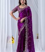 Purple floral embroidered silk blend designer saree