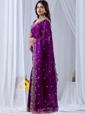 Purple floral embroidered silk blend designer saree 2