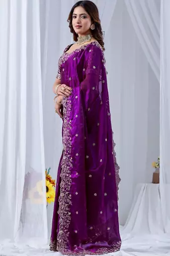 Purple floral embroidered silk blend designer saree