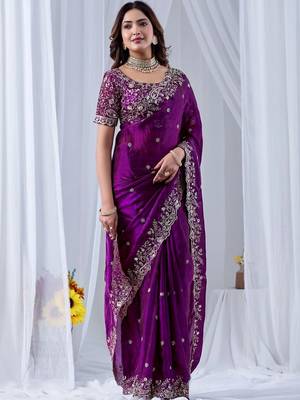 Purple floral embroidered silk blend designer saree 3