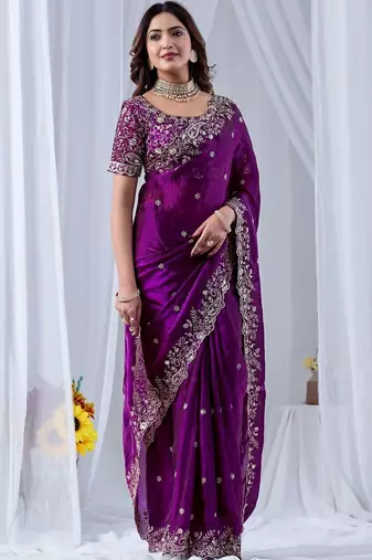 Purple floral embroidered silk blend designer saree