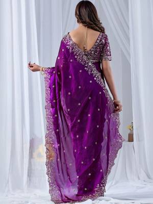 Purple floral embroidered silk blend designer saree 4
