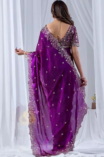 Purple floral embroidered silk blend designer saree