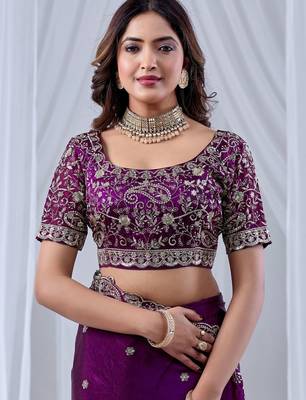 Purple floral embroidered silk blend designer saree 5