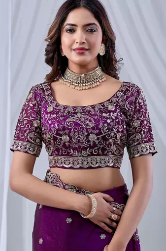 Purple floral embroidered silk blend designer saree