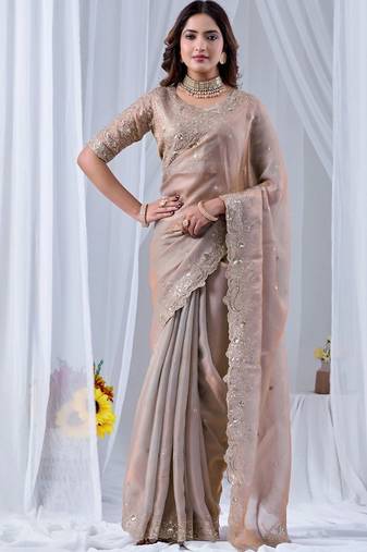 Beige ethnic motifs embroidered silk blend designer saree