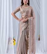 Beige ethnic motifs embroidered silk blend designer saree