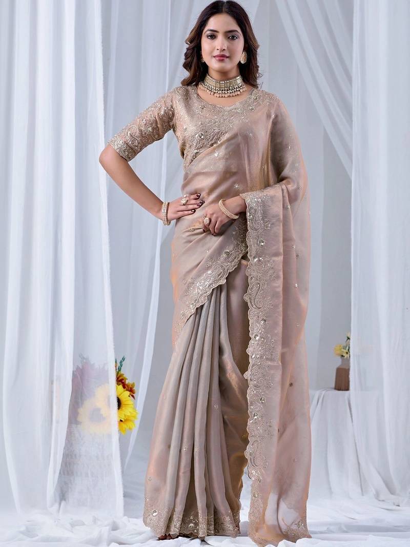 Beige ethnic motifs embroidered silk blend designer saree