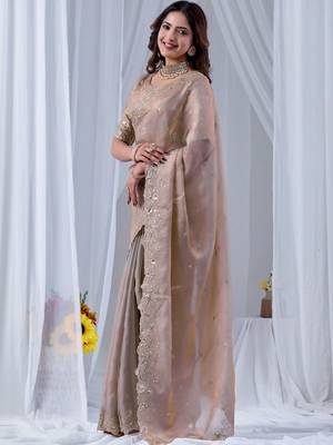 Beige ethnic motifs embroidered silk blend designer saree 2