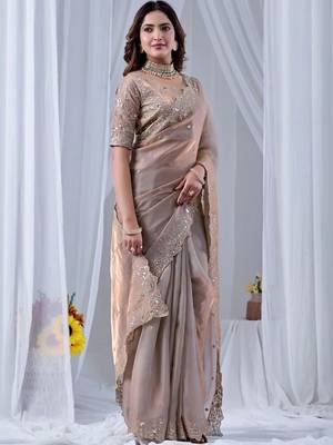 Beige ethnic motifs embroidered silk blend designer saree 3