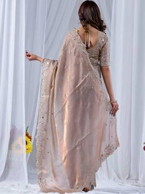 Beige ethnic motifs embroidered silk blend designer saree 4