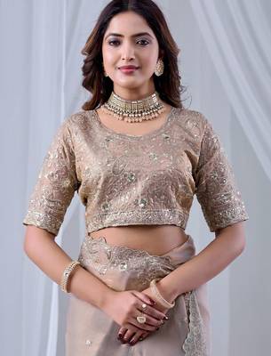 Beige ethnic motifs embroidered silk blend designer saree 5