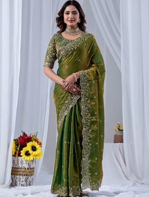 Green ethnic motifs embroidered silk blend designer saree 1