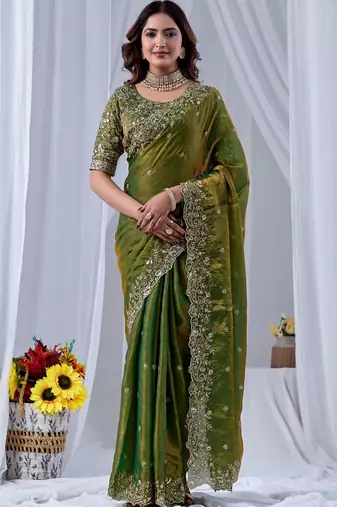 Green ethnic motifs embroidered silk blend designer saree