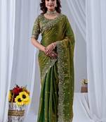 Green ethnic motifs embroidered silk blend designer saree