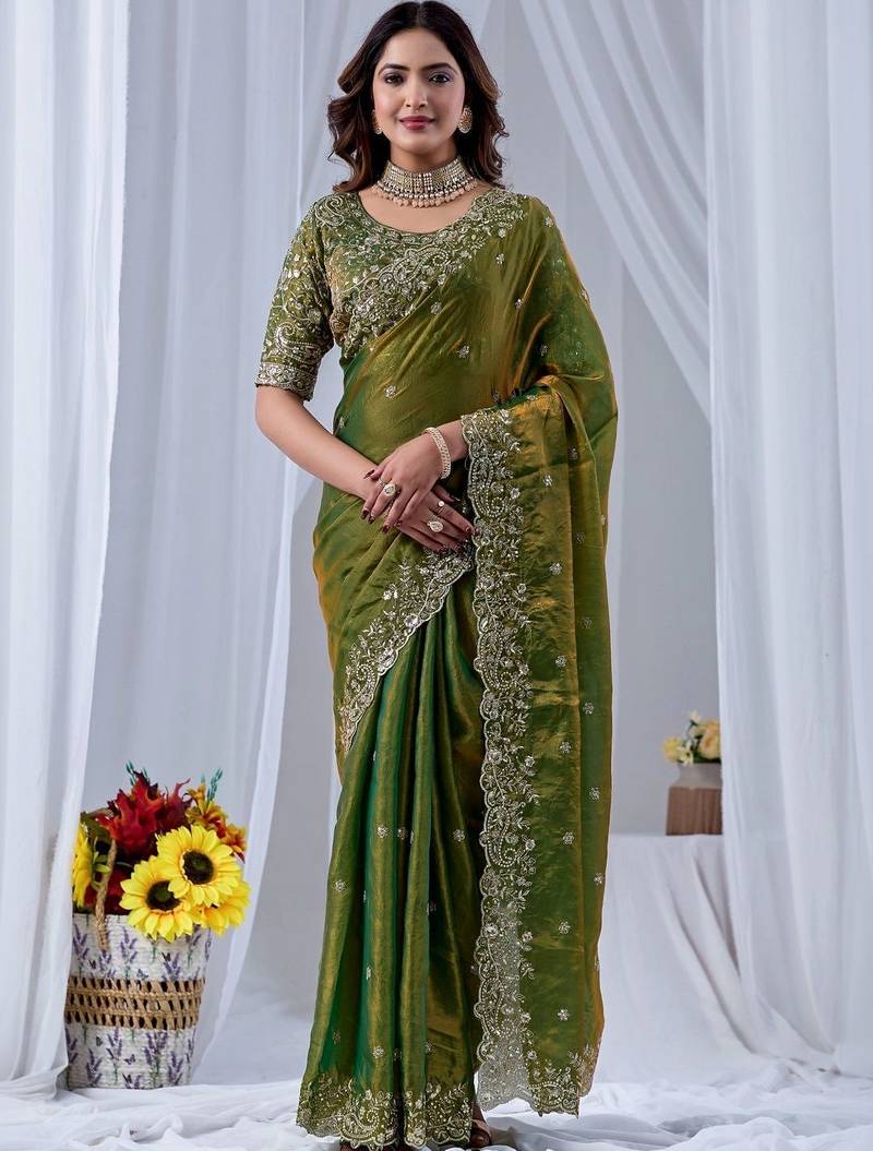 Green ethnic motifs embroidered silk blend designer saree