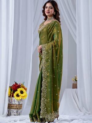 Green ethnic motifs embroidered silk blend designer saree 2