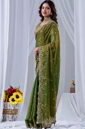 Green ethnic motifs embroidered silk blend designer saree