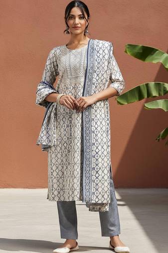 geometric printed sequinned straight kurta with trouser & dupatta