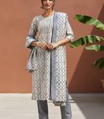geometric printed sequinned straight kurta with trouser & dupatta