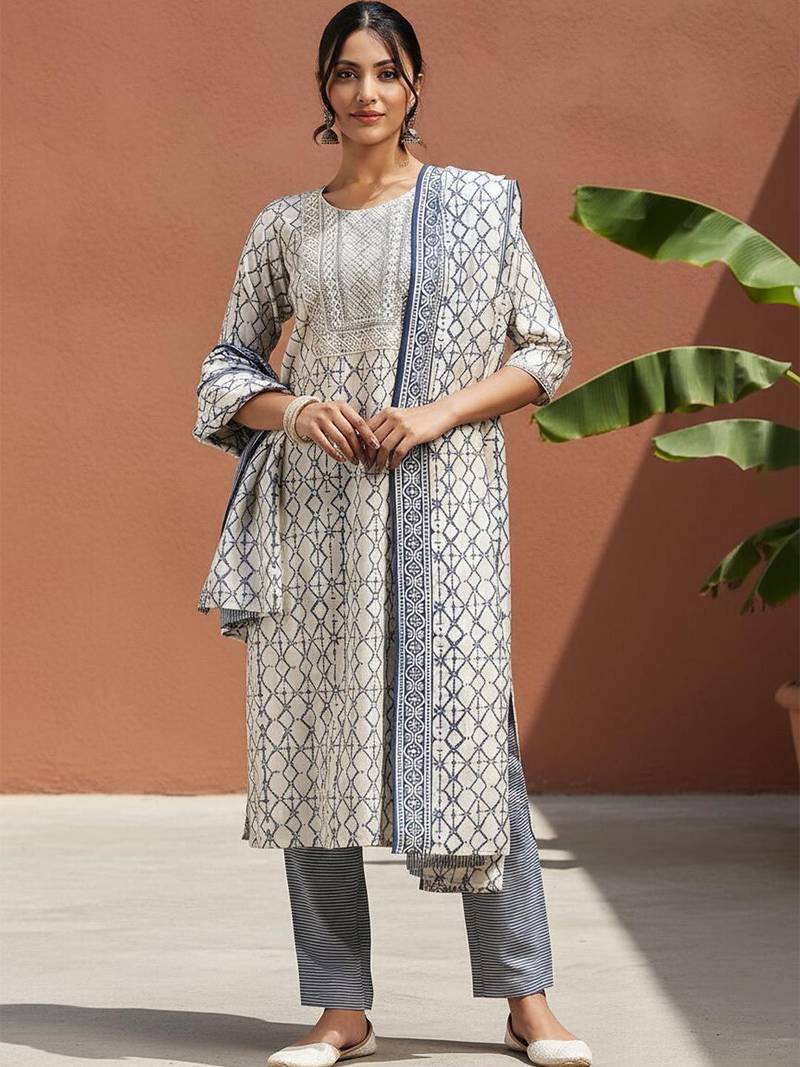 geometric printed sequinned straight kurta with trouser & dupatta