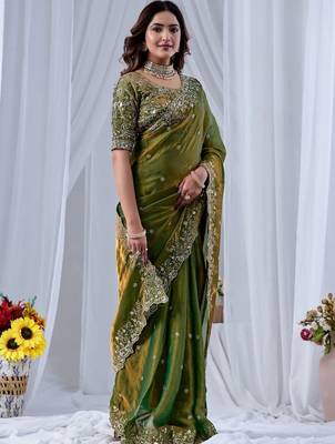 Green ethnic motifs embroidered silk blend designer saree 3