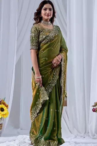 Green ethnic motifs embroidered silk blend designer saree