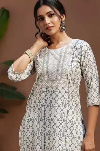 geometric printed sequinned straight kurta with trouser & dupatta