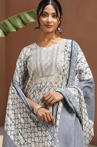 geometric printed sequinned straight kurta with trouser & dupatta