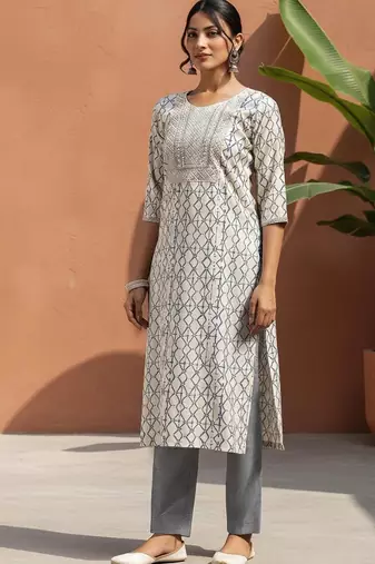 geometric printed sequinned straight kurta with trouser & dupatta