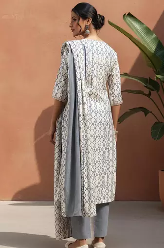 geometric printed sequinned straight kurta with trouser & dupatta