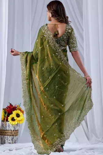 Green ethnic motifs embroidered silk blend designer saree