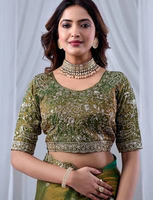 Green ethnic motifs embroidered silk blend designer saree 5