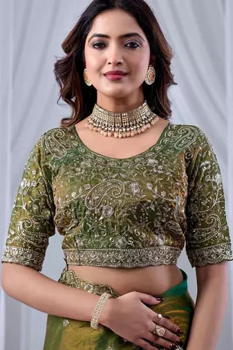 Green ethnic motifs embroidered silk blend designer saree