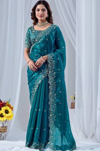 Teal ethnic motifs embroidered silk blend designer saree