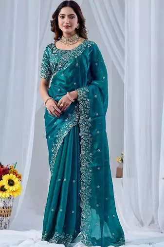 Teal ethnic motifs embroidered silk blend designer saree