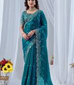 Teal ethnic motifs embroidered silk blend designer saree