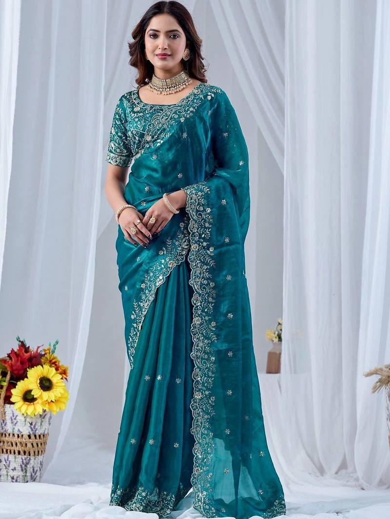 Teal ethnic motifs embroidered silk blend designer saree