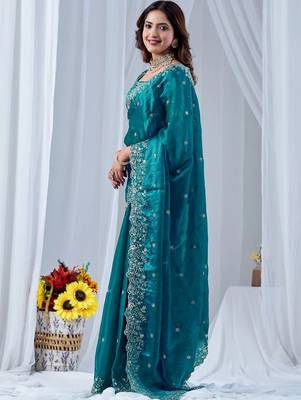Teal ethnic motifs embroidered silk blend designer saree 2