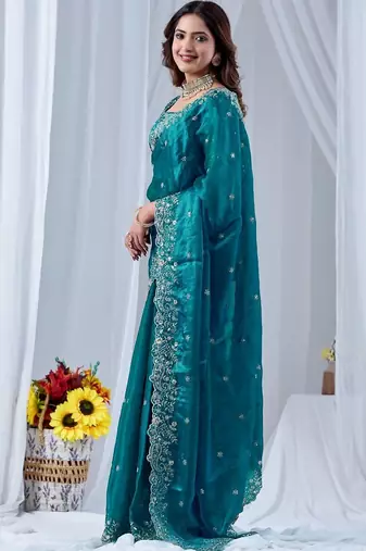 Teal ethnic motifs embroidered silk blend designer saree