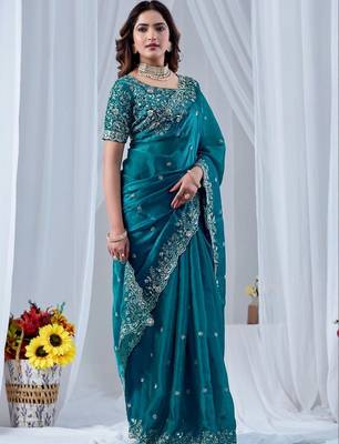 Teal ethnic motifs embroidered silk blend designer saree 3
