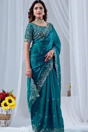 Teal ethnic motifs embroidered silk blend designer saree