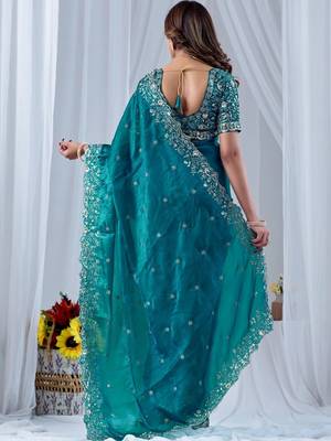 Teal ethnic motifs embroidered silk blend designer saree 4