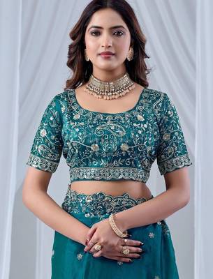 Teal ethnic motifs embroidered silk blend designer saree 5