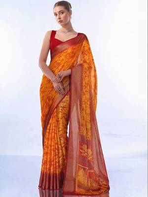 Orange floral brasso fusion saree 1