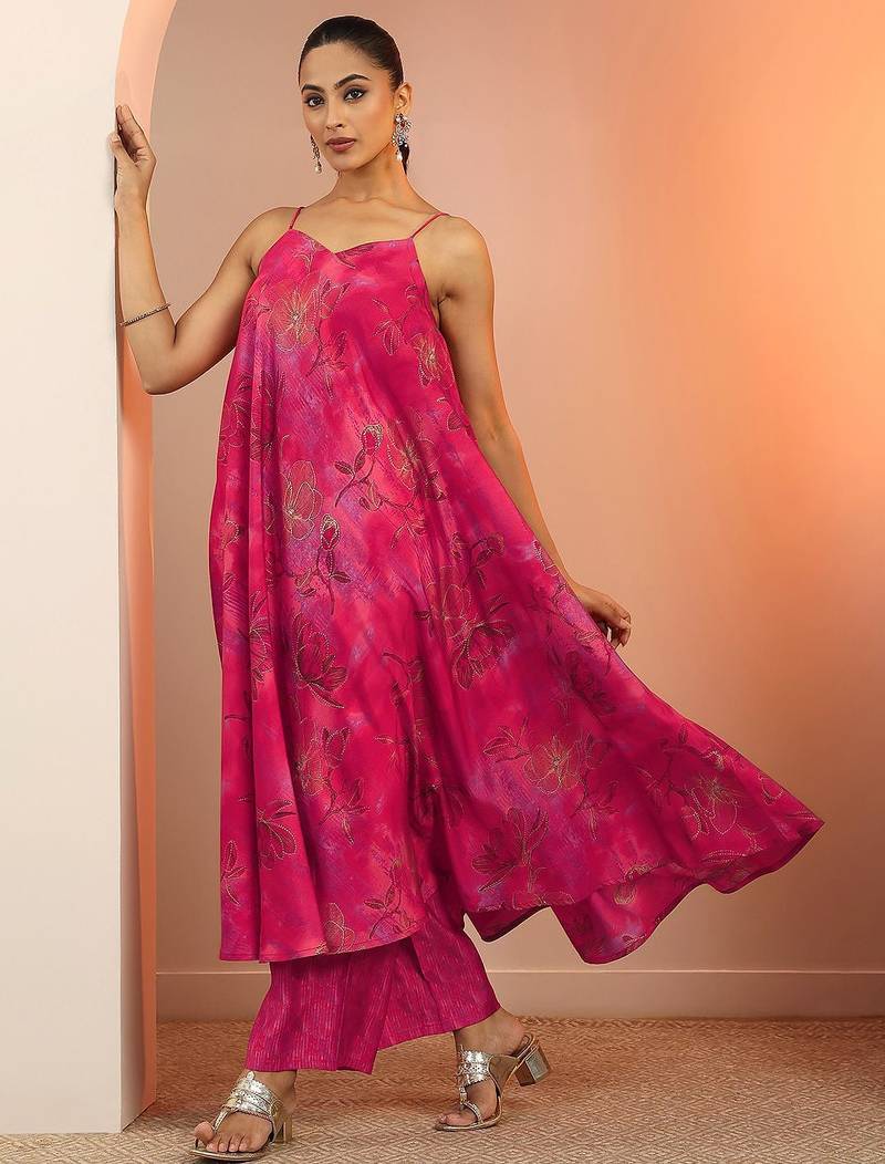 floral printed a-line shoulder straps a-line kurta with palazzos