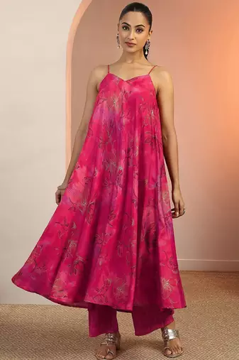 floral printed a-line shoulder straps a-line kurta with palazzos