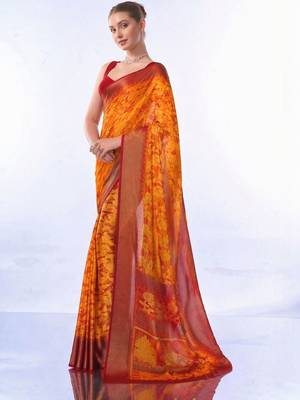 Orange floral brasso fusion saree 2