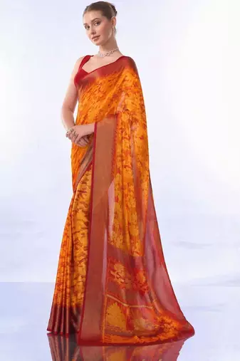 Orange floral brasso fusion saree
