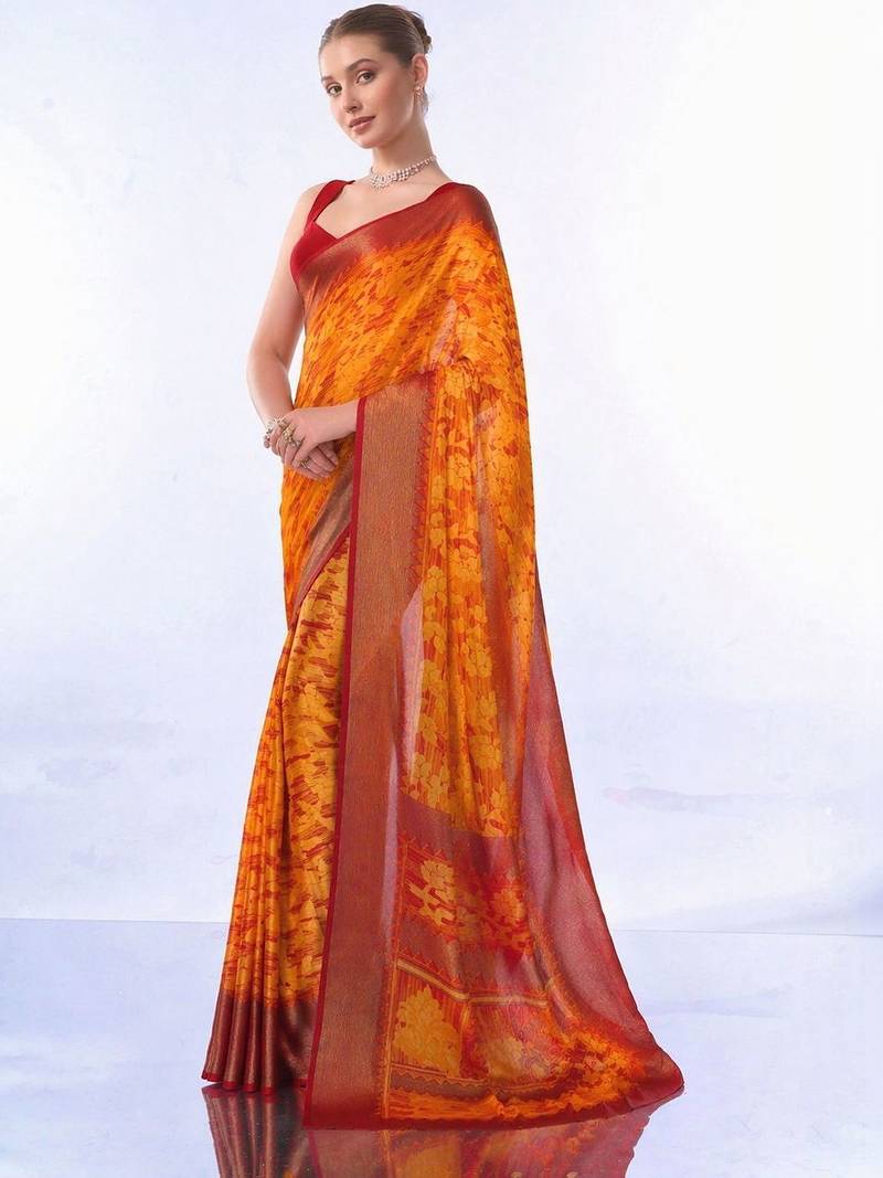 Orange floral brasso fusion saree